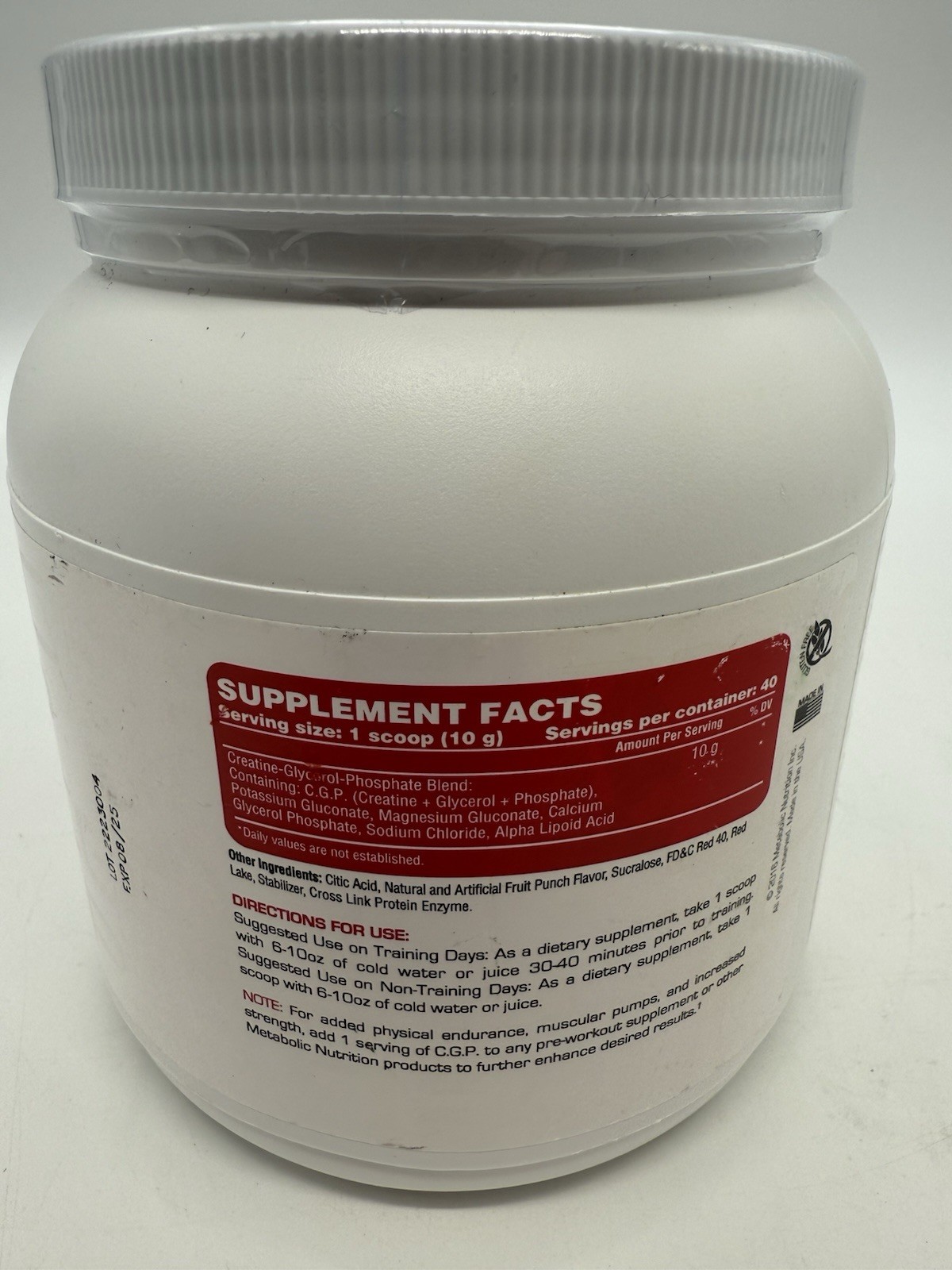 Metabolic Nutrition CPG Creatine Glycerol Phosphate 400 Grams Fruit Punch 40 Svg