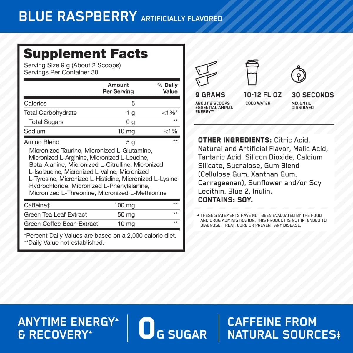 Blue Raspberry Amino Energy Blend with Caffeine – 30 Servings for Anytime Energy