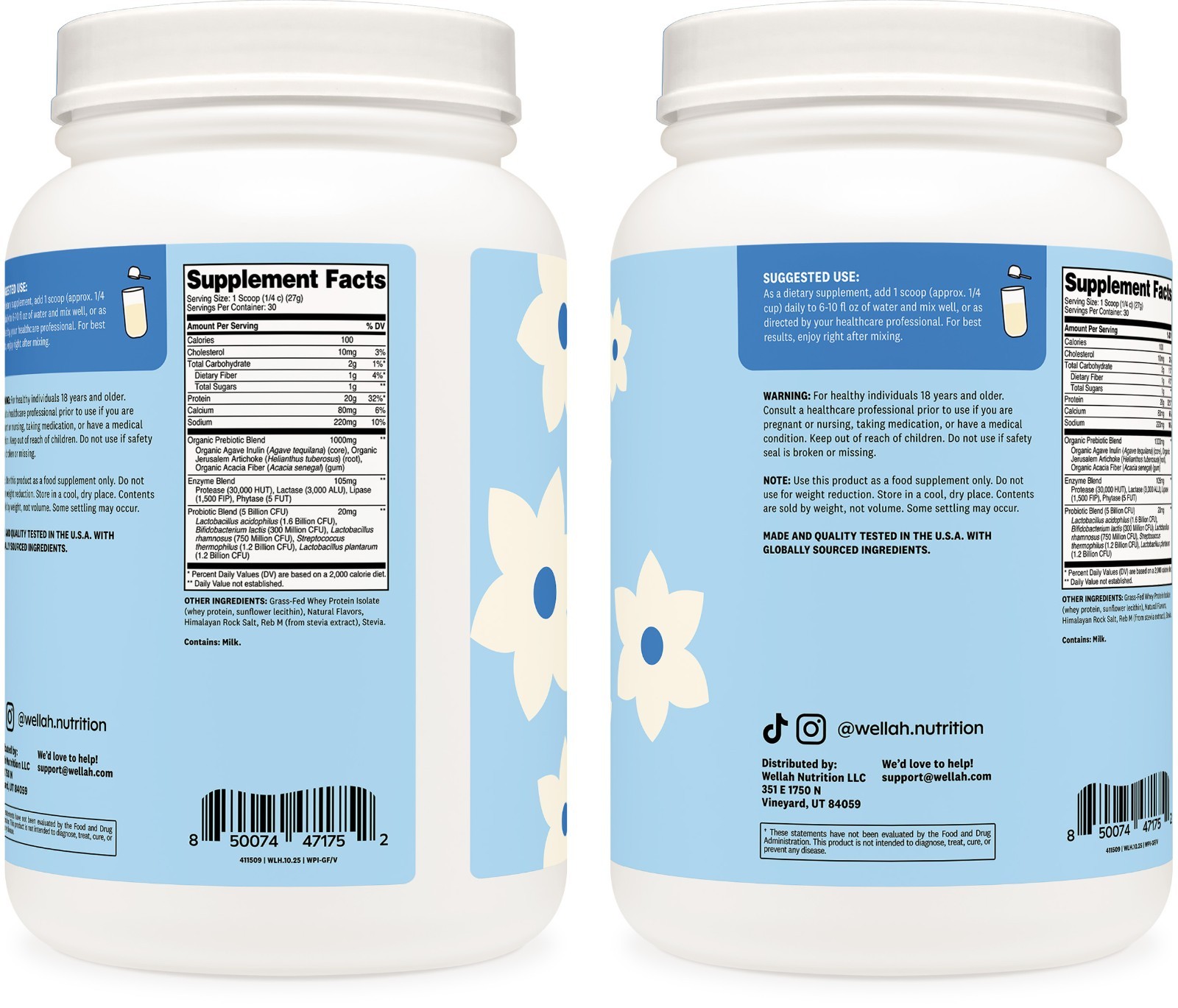 Wellah Grass-Fed Whey Protein Isolate Powder (Vanilla) 30 Servings -100 Calories