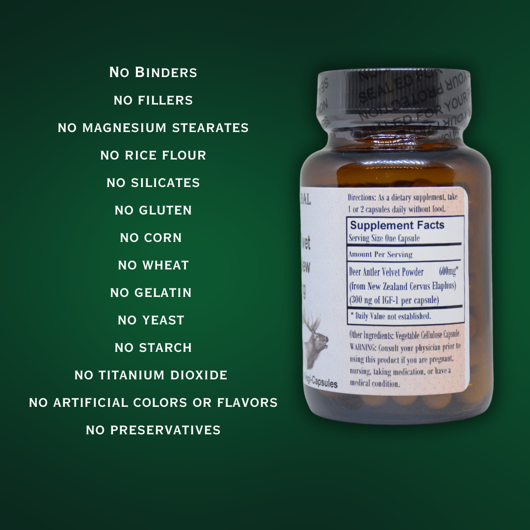 Deer Antler Velvet Powder Standardized from New Zealand – 300ng of IGF-1 per Cap
