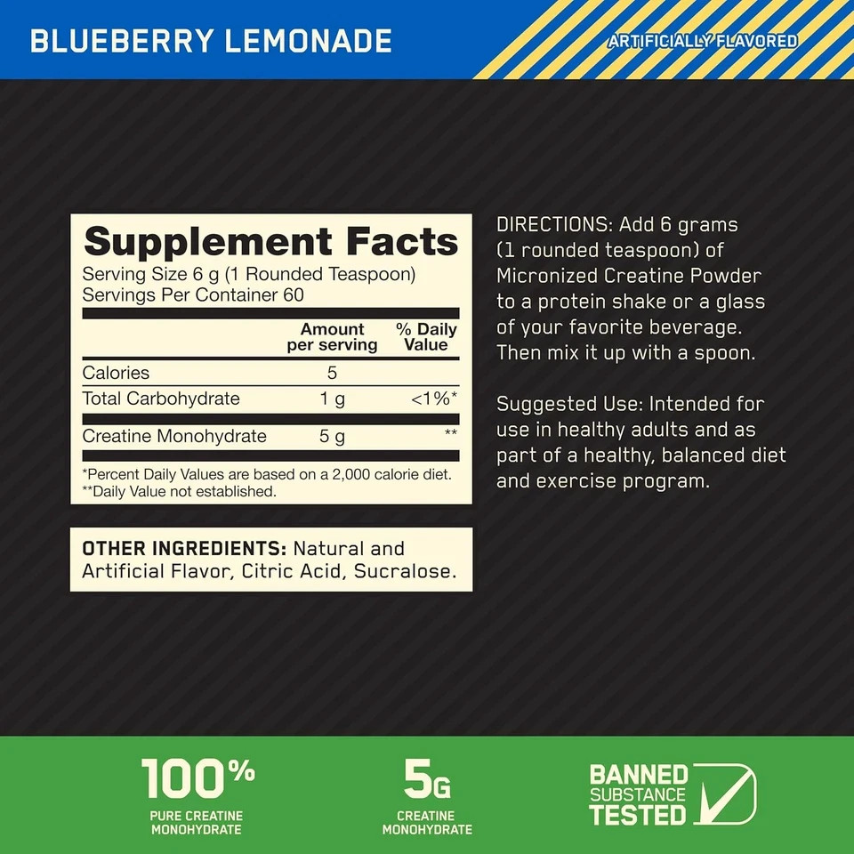 Micronized Creatine Monohydrate Powder, Blueberry Lemonade Creatine, 60 Servings