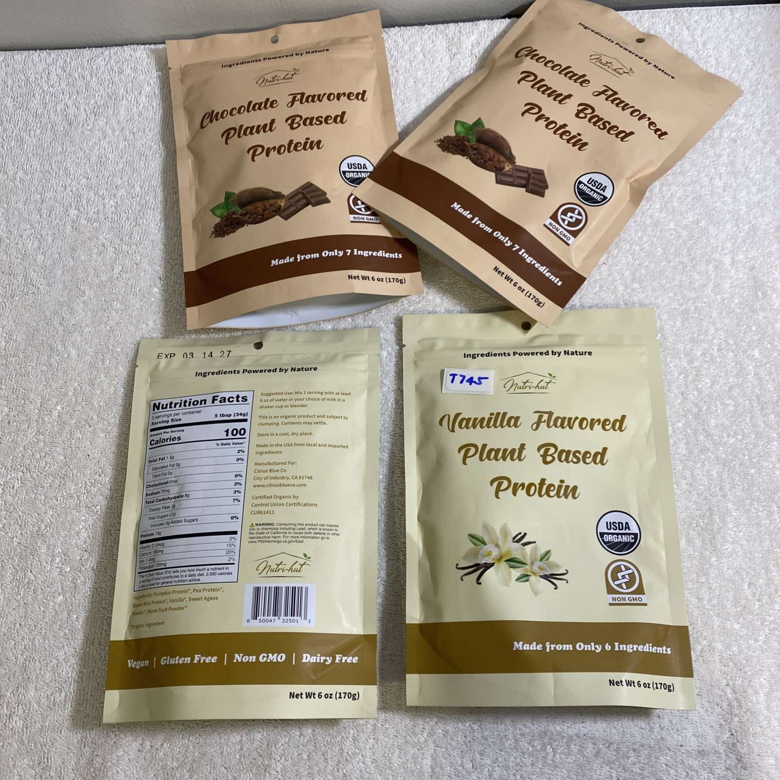 Lot Of 4, Nutri Hut, Plant Based Protein Powder, 6 oz Each Vanilla & Cho, (T745