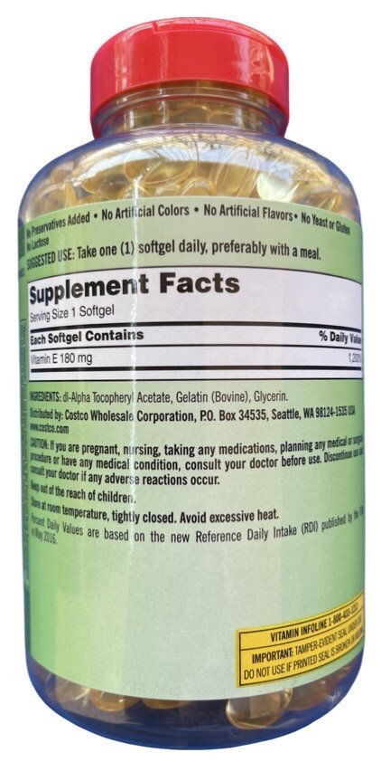 Kirkland Signature VITAMIN E 180 mg (400IU) 500 Softgels EXP 10/2025