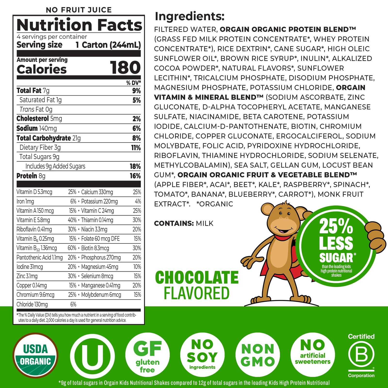Orgain Organic Kids Protein Nutritional 8.25 Fl Oz (Pack of 4), Chocolate