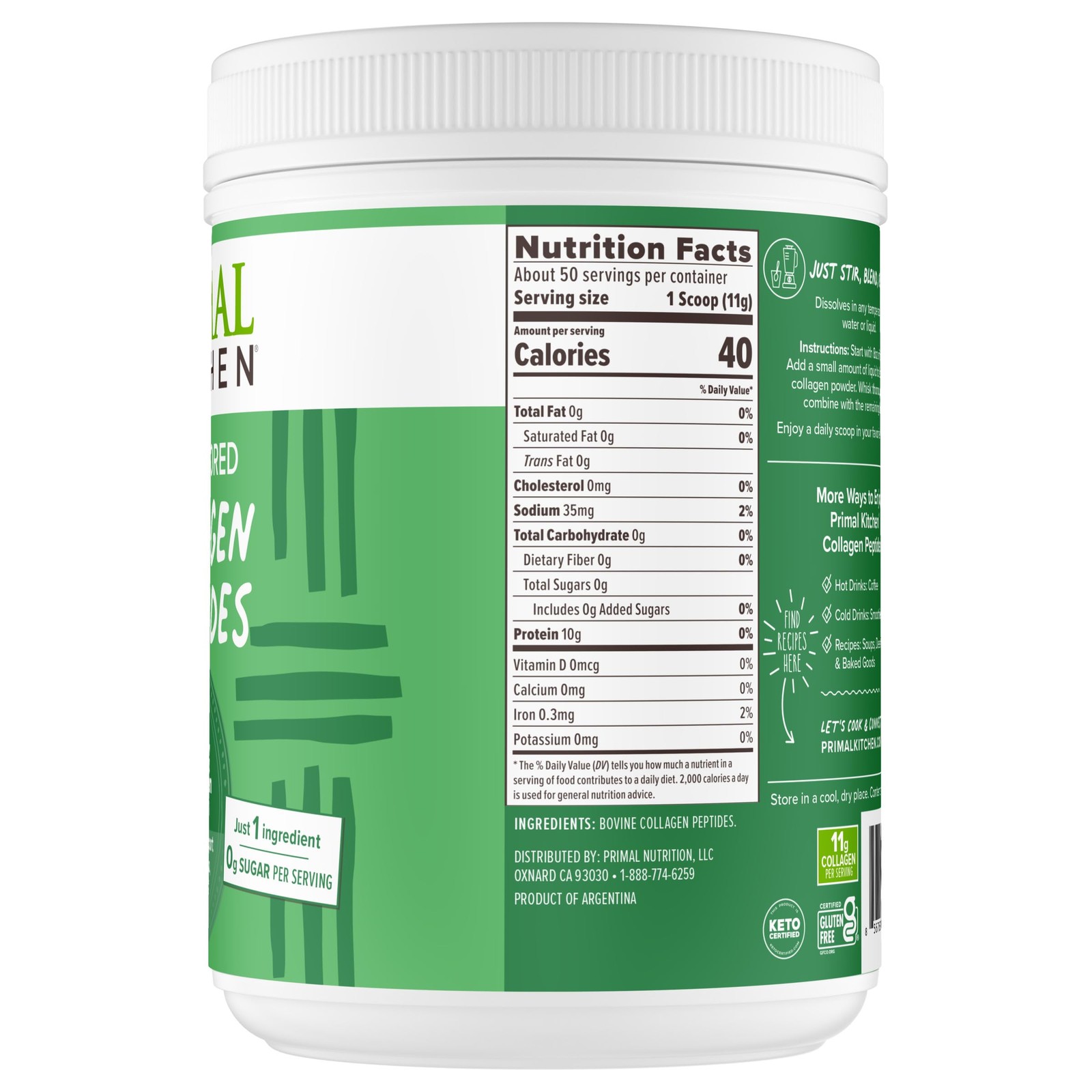 Primal Kitchen Collagen Peptides, Unflavored 1.2 Pound (Pack of 1), White