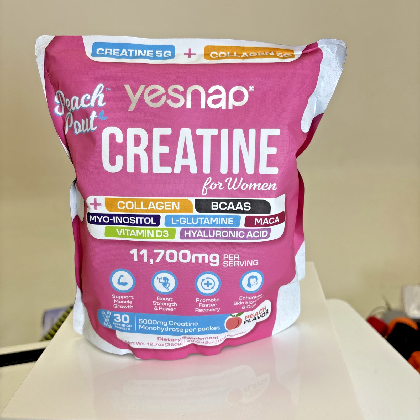 YESNAP PeachPout Creatine for Women 5g Collagen BCAA Peach 30 Packets
