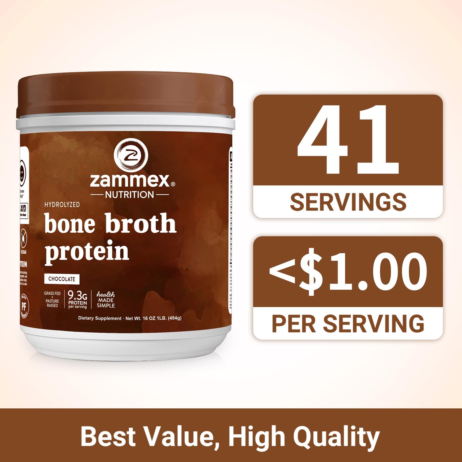 Zammex Bone Broth Protein Powder, Pure Grass Fed Beef, 1 Pound (Pack of 1)