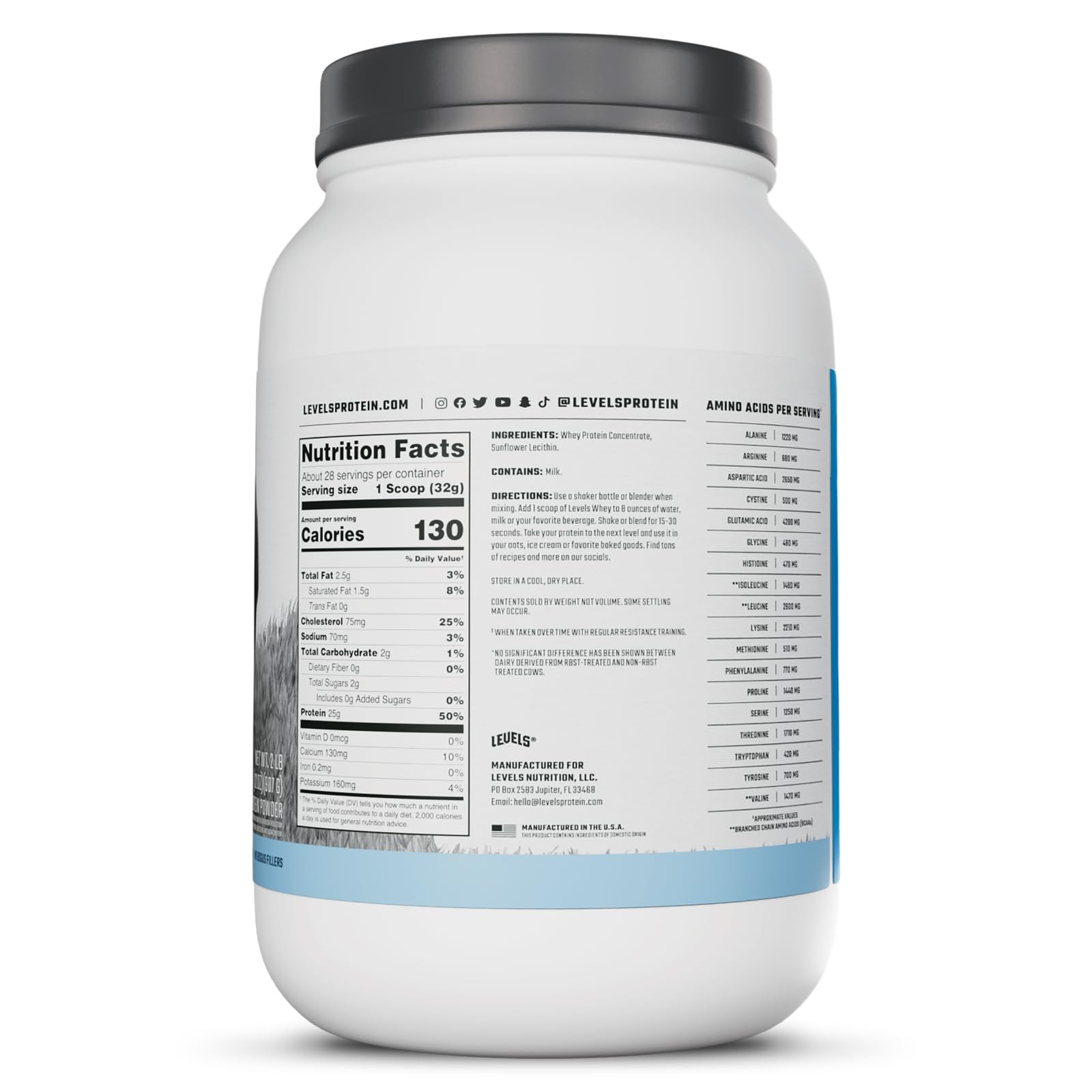 Levels Grass Fed Whey Protein Powder, No Artificials, 25G of Protein, Unflavo…