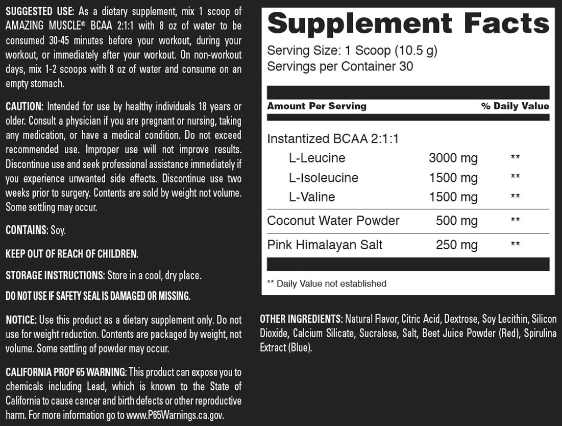 Amazing Muscle BCAA 2:1:1 | 30 Servings | Natural 11.11 Ounce (Pack of 1)