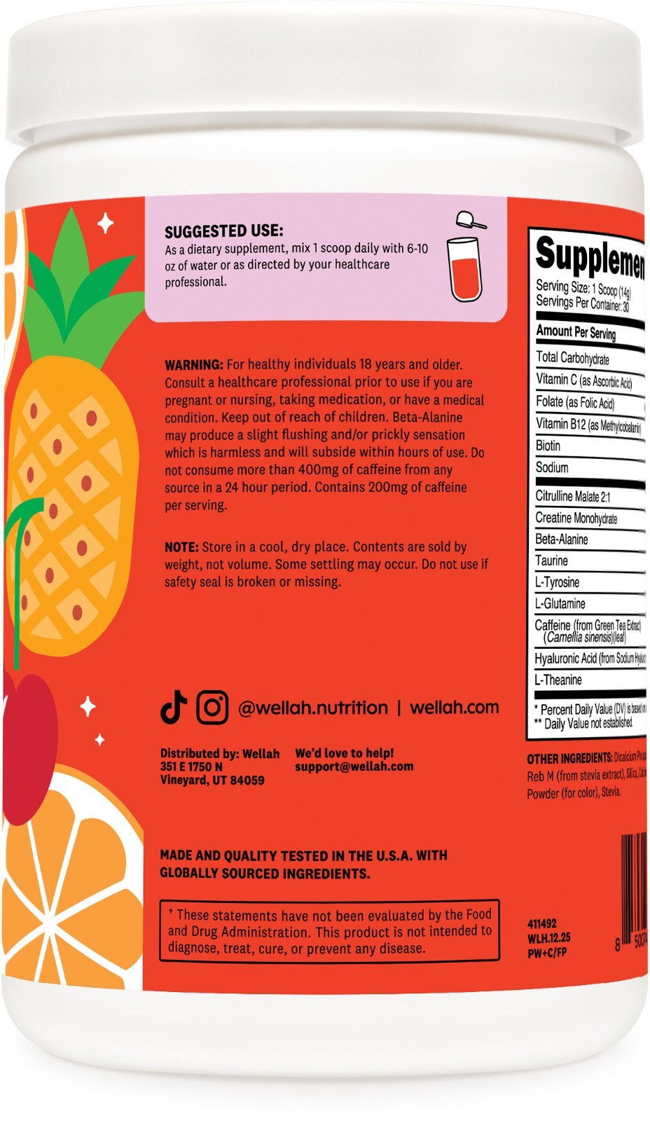 Wellah Pre-Workout + Creatine Powder (30 Servings) Fruit Punch – 200mg Caffeine