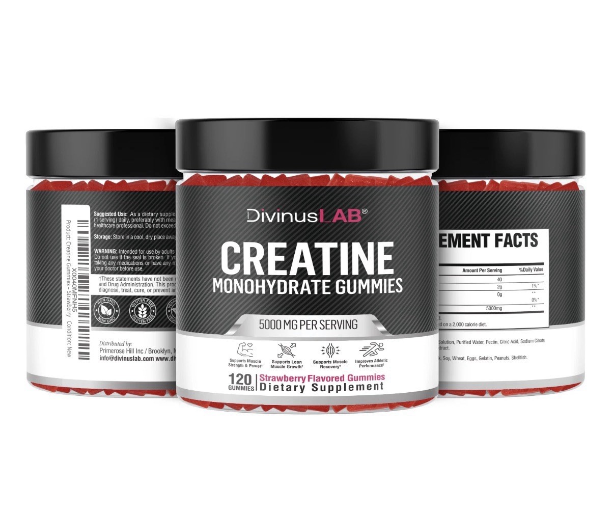 DivinusLab Creatine Monohydrate Gummies 5g Pre Workout For Building Muscle 120Ct