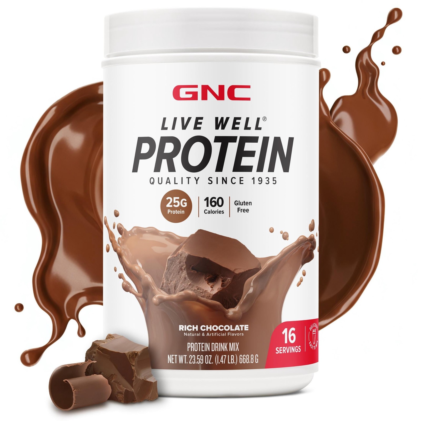 GNC Live Well Protein Powder, 25g Whey Protein, Rich Chocolate, Gluten Free, No