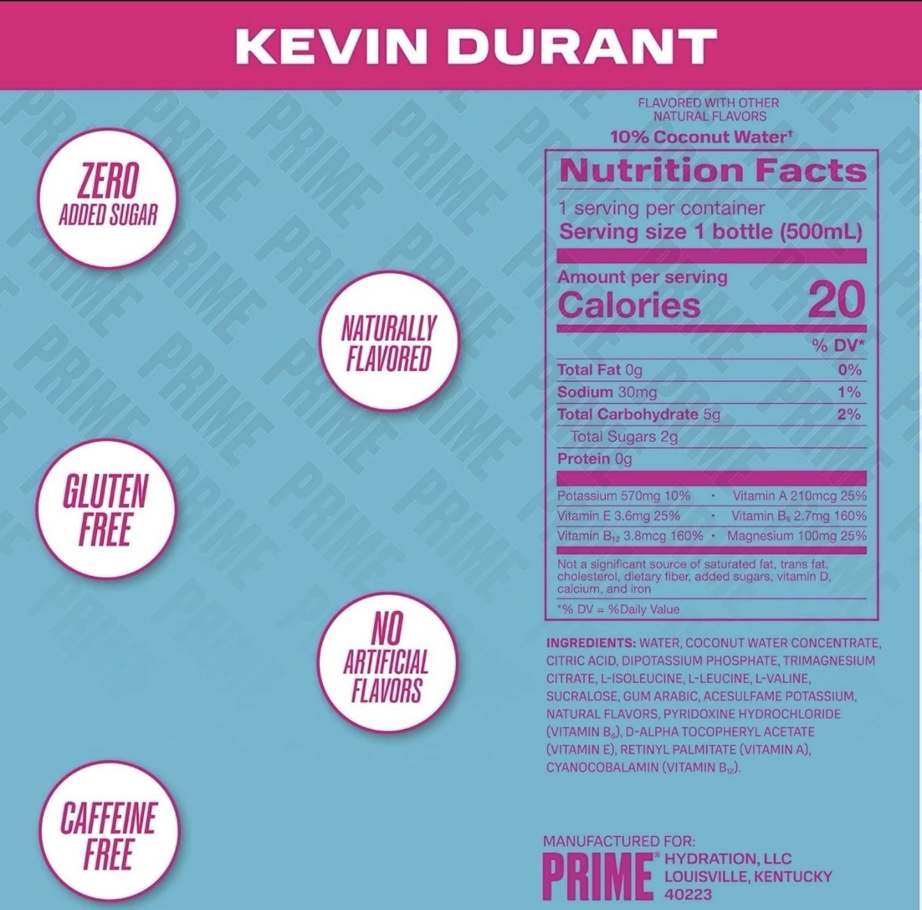 PRIME Hydration KEVIN DURANT Sports Drinks 16.9 Fl Oz, 12 Pack