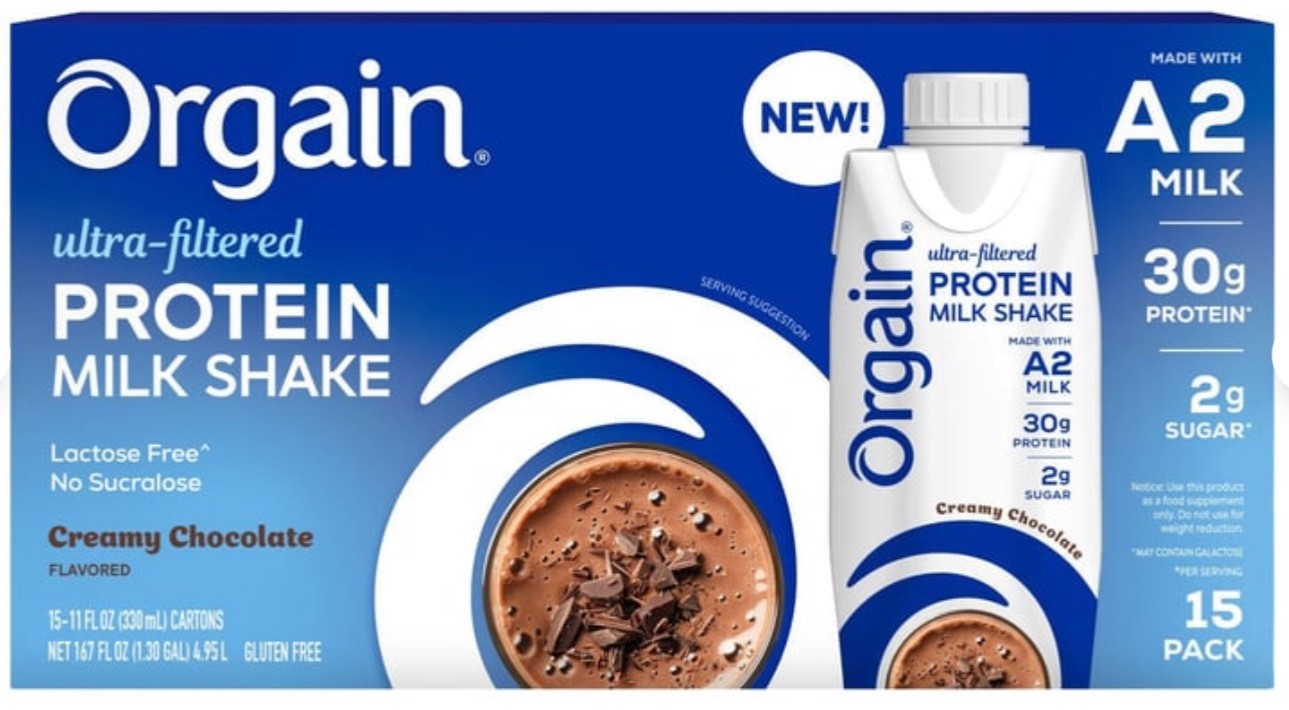 Orgain 30g Ultra Filtered A2 Milk Protein Shake, Chocolate, 11 fl oz, 15-count
