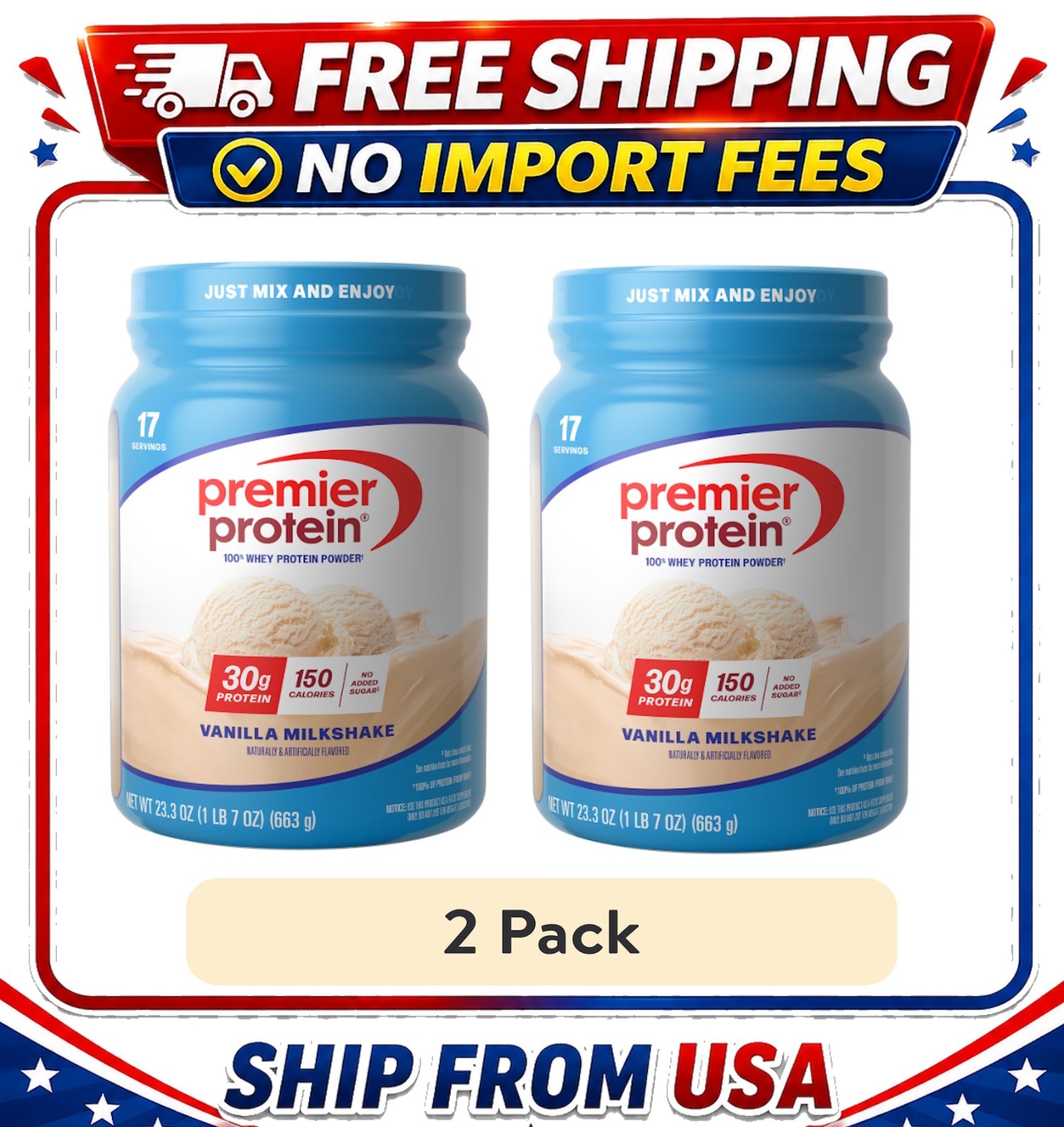 (2 PACK) Premier Protein 100% Whey Protein Powder, Vanilla Milkshake,30g Protein