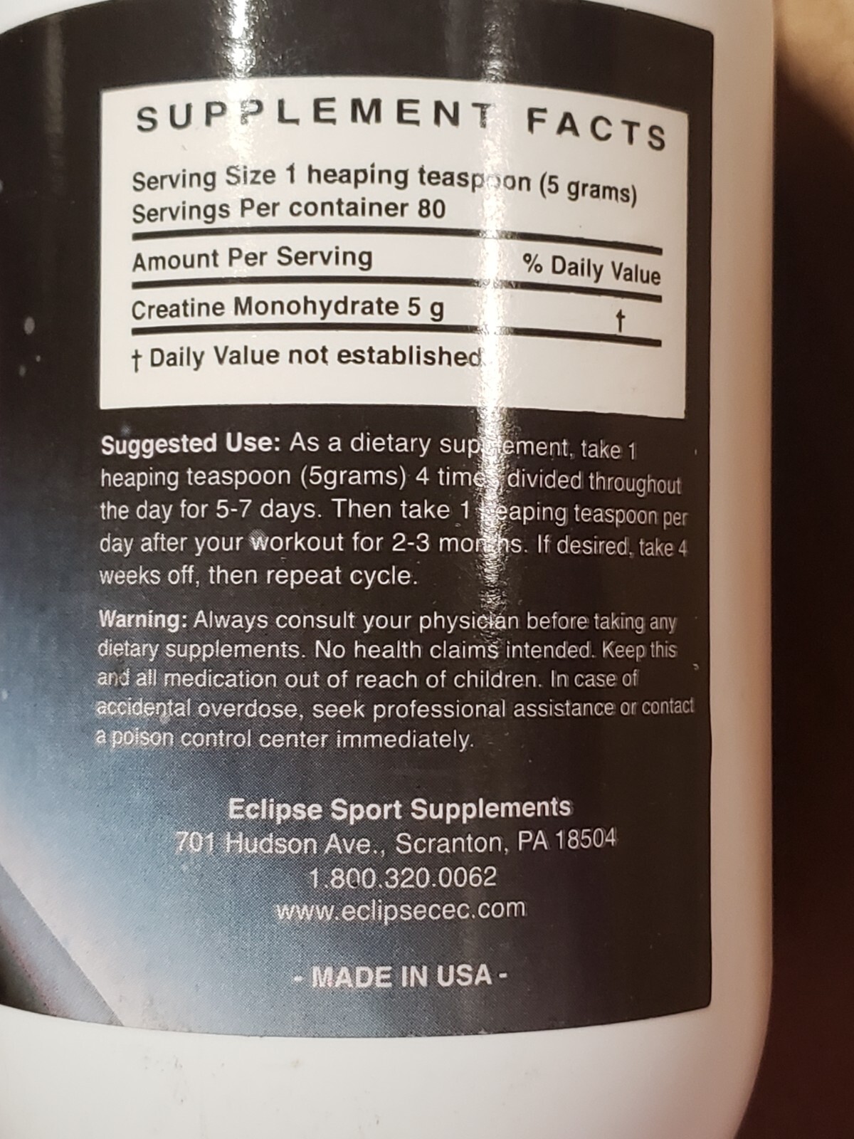 Eclipes Sports Supplements – Creatine Monohydrate – 400 grams – 80 Serv – 7/2025