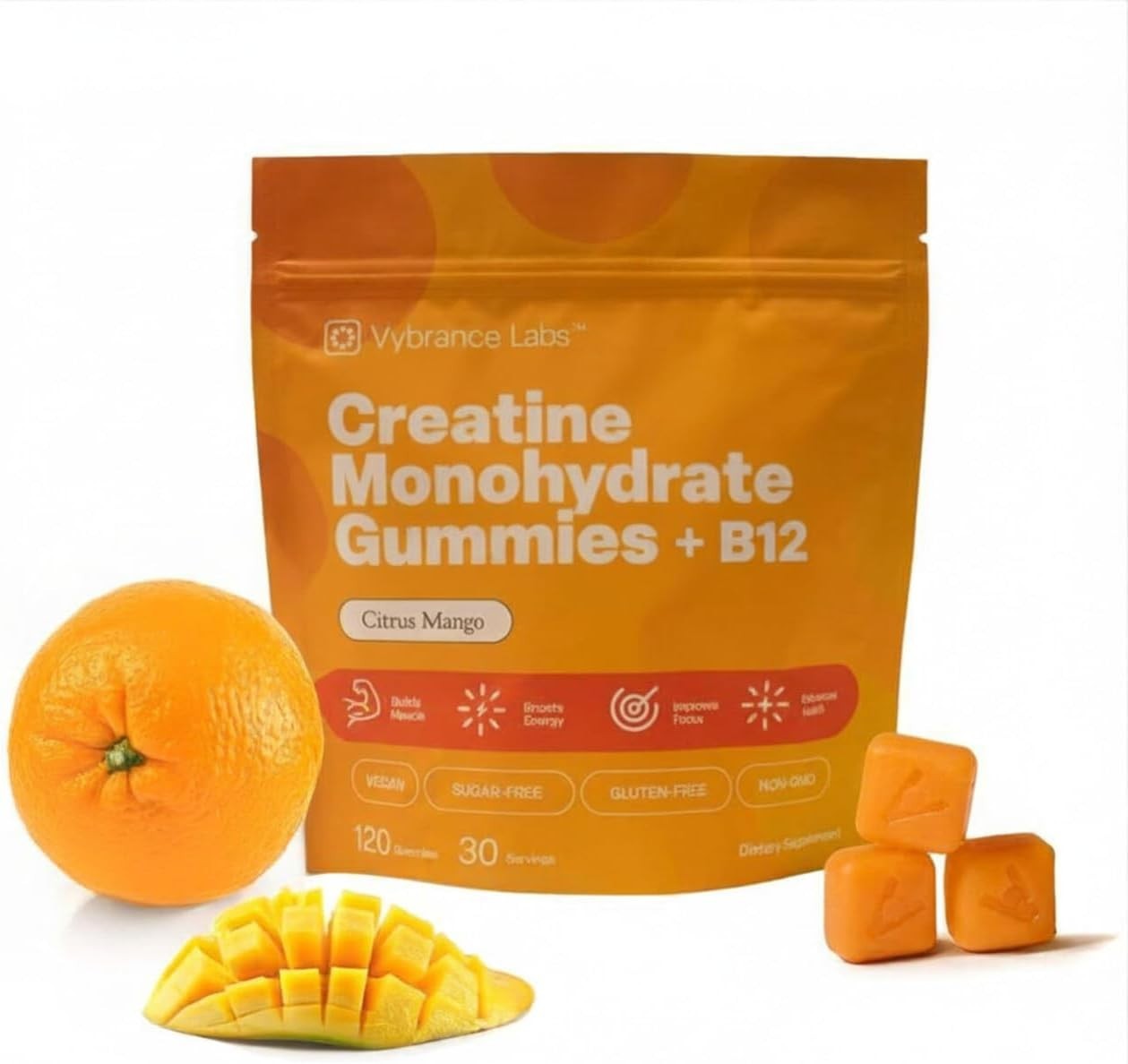 VYBRANCE LABS Creatine Gummies 5g Monohydrate Taurine B12 Vegan Citrus Mango