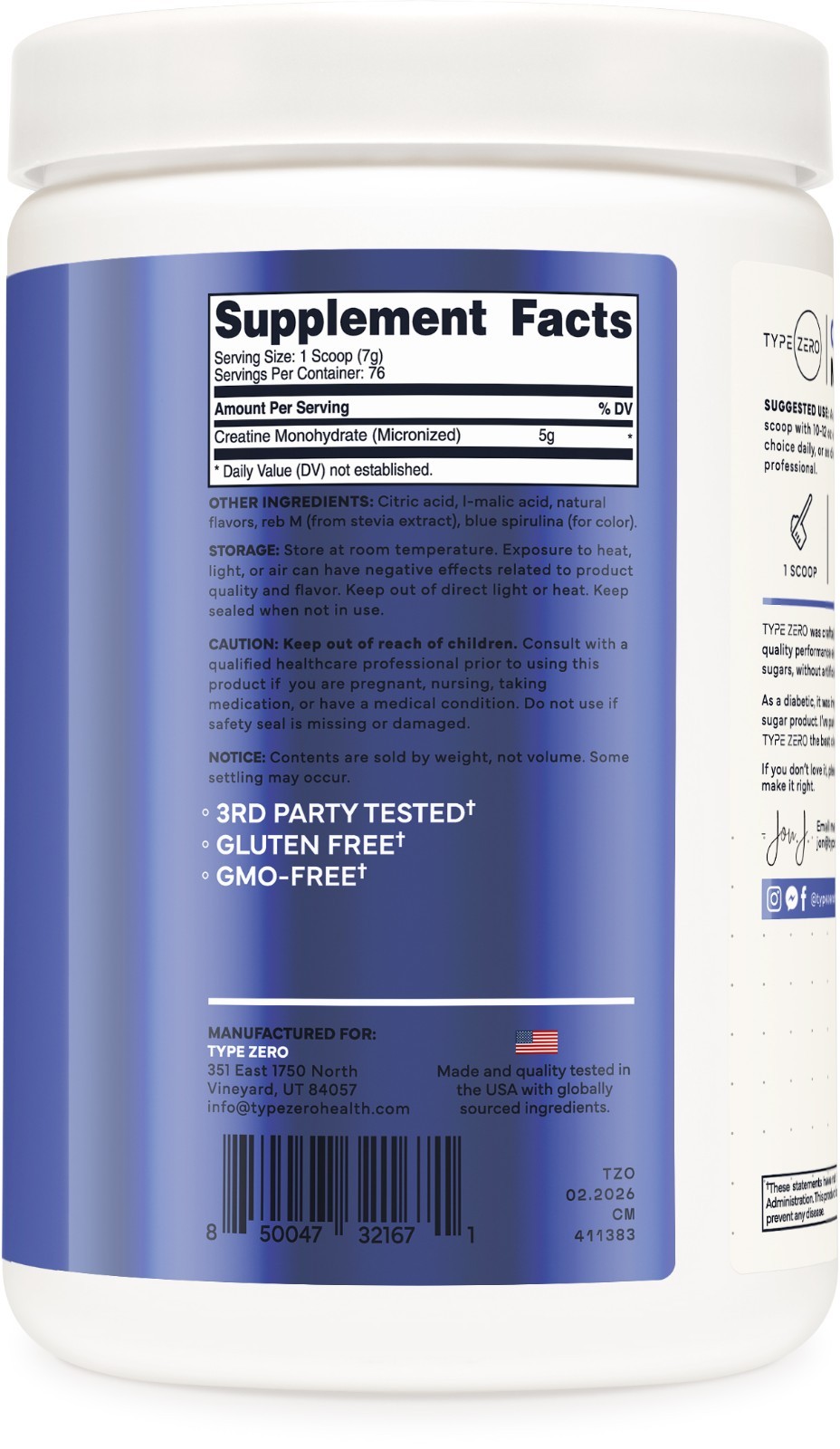 TypeZero Creatine Monohydrate Powder 500 Grams, Blue Raspberry Flavor