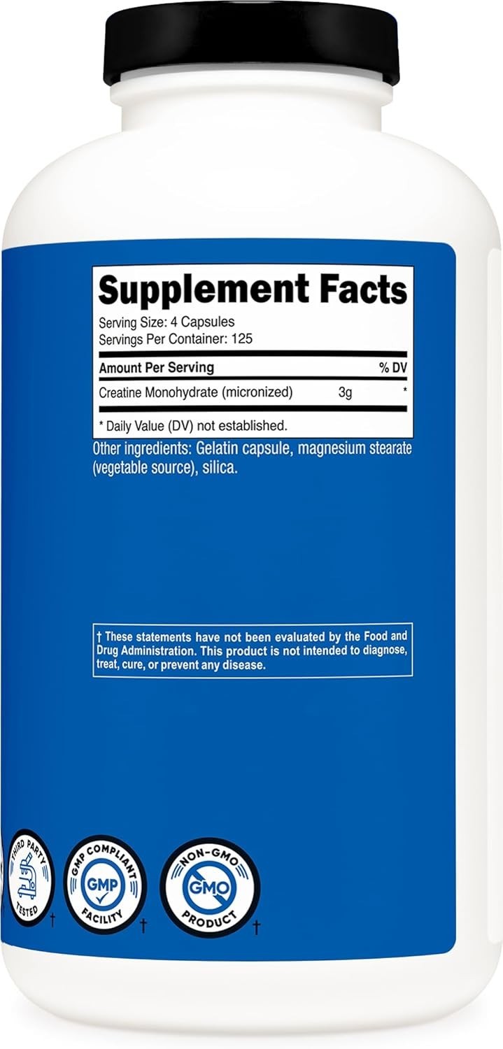 Nutricost Creatine Monohydrate 3g, 500 Capsules (750mg Per Capsule)