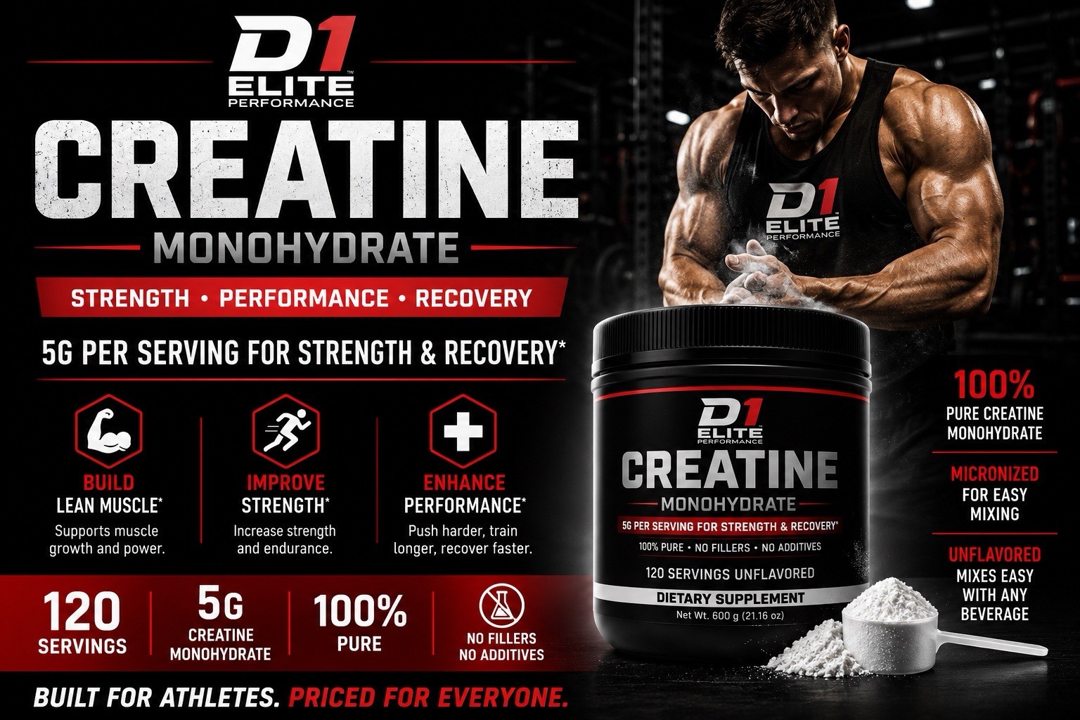 Creatine Monohydrate Powder 600g 120 Servings Micronized Unflavored Recovery