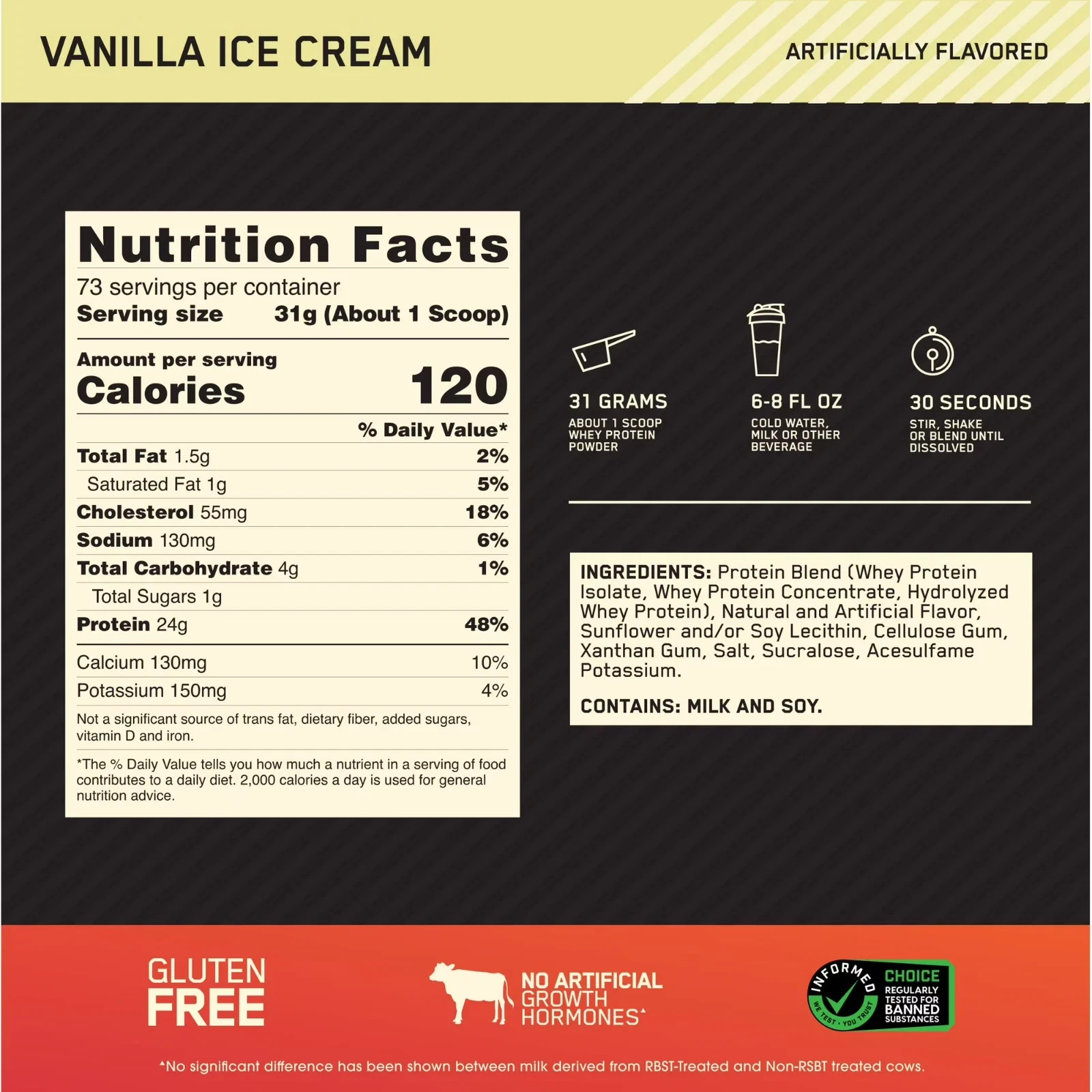 Optimum Nutrition, Gold Standard 100% Whey Protein Powder, Vanilla Ice Cream 5lb