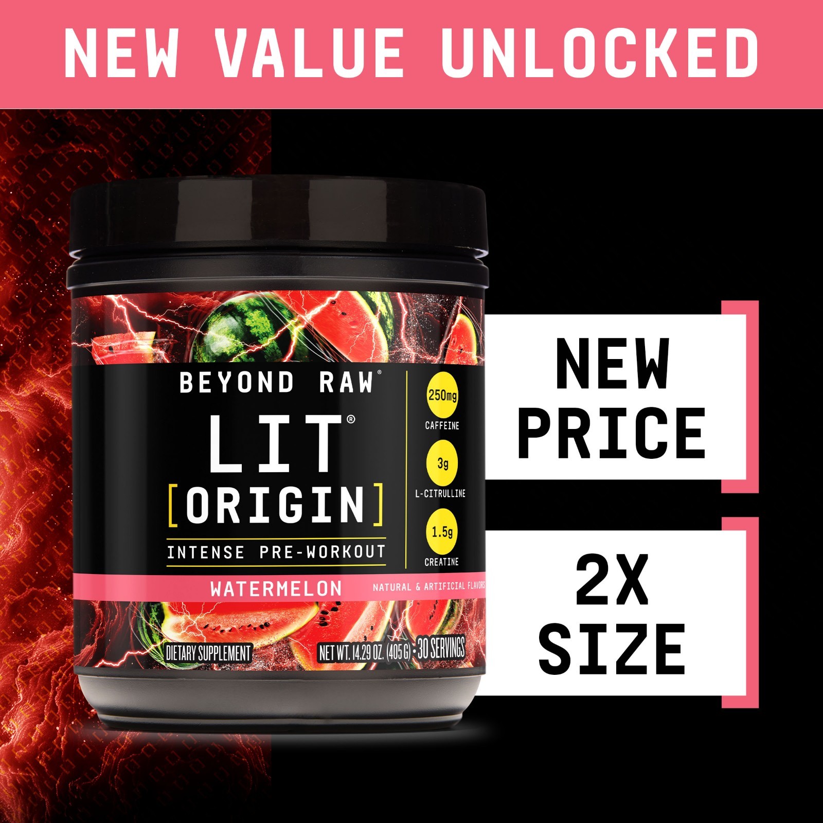 Beyond Raw LIT Origin Pre Workout Powder, Watermelon, for Men & Women