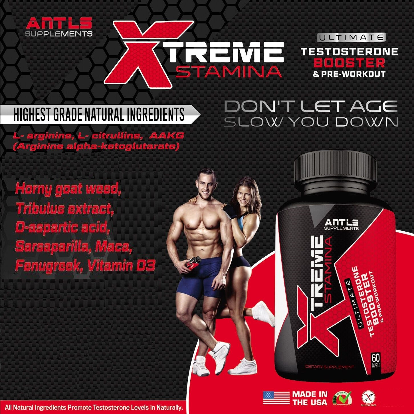Testosterone Booster Pre Workout Nitric Oxide L arginine Men’s ANTLS SUPPLEMENTS
