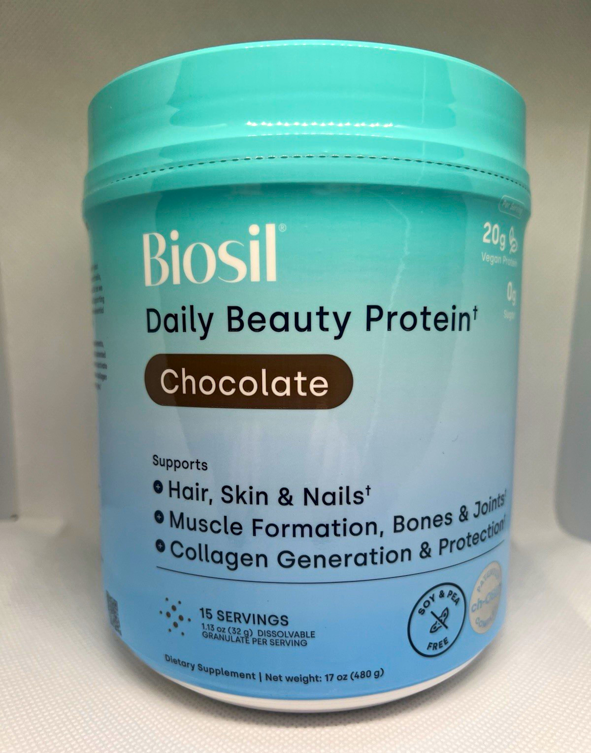 BioSil Daily Vegan Chocolate Beauty Protein Powder, 15 Servings, 17 oz