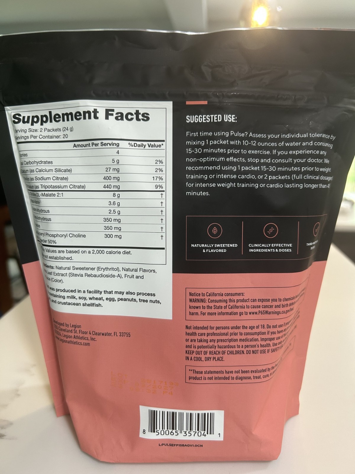 LEGION Pulse Pre Workout Packets FRUIT PUNCH, NO Booster, Beta Alanine, Caffeine