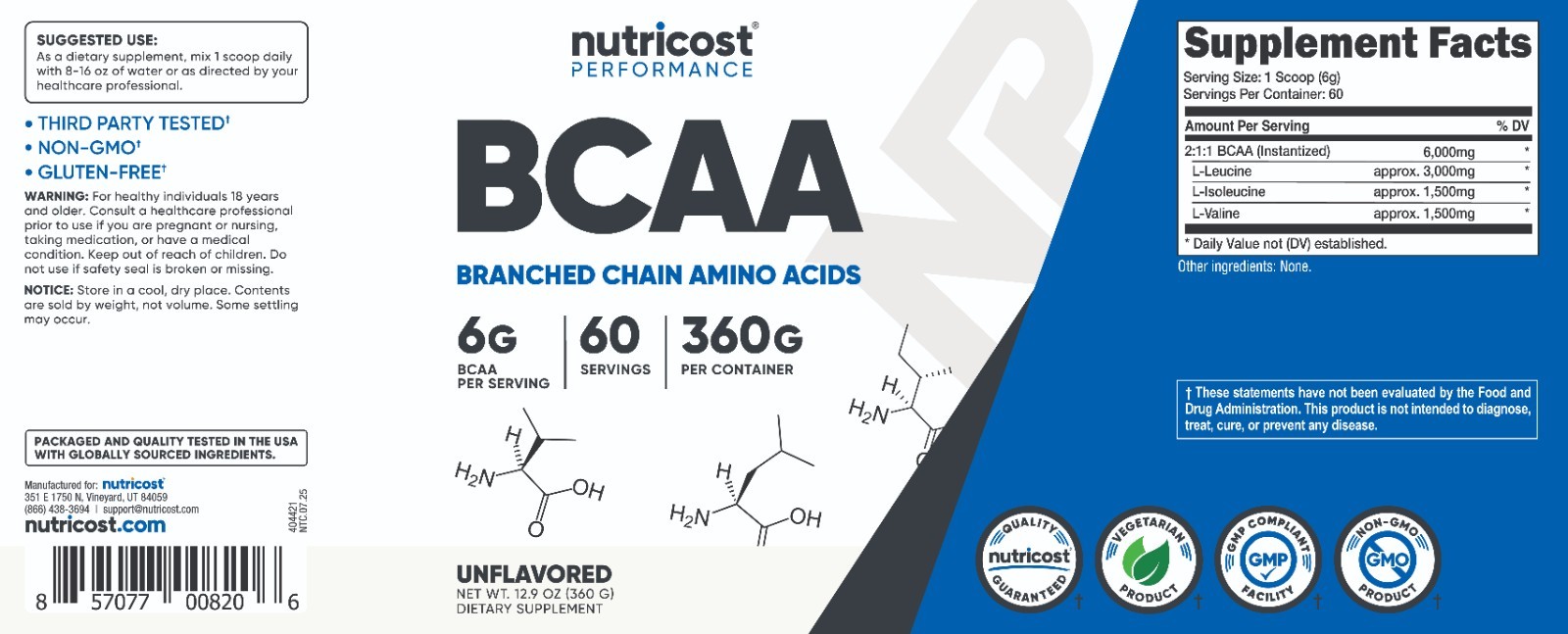 Nutricost BCAA Powder 60 Servings (Unflavored) – 6000mg Per Serving