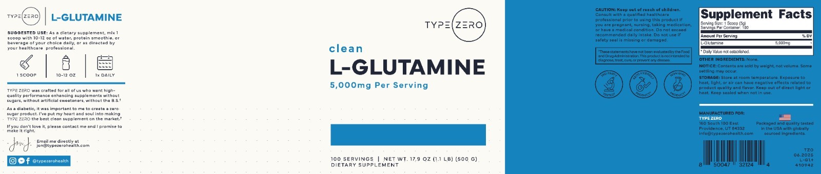 Type Zero 5X Strength L Glutamine Powder (500G) Pure L-Glutamine Supplement