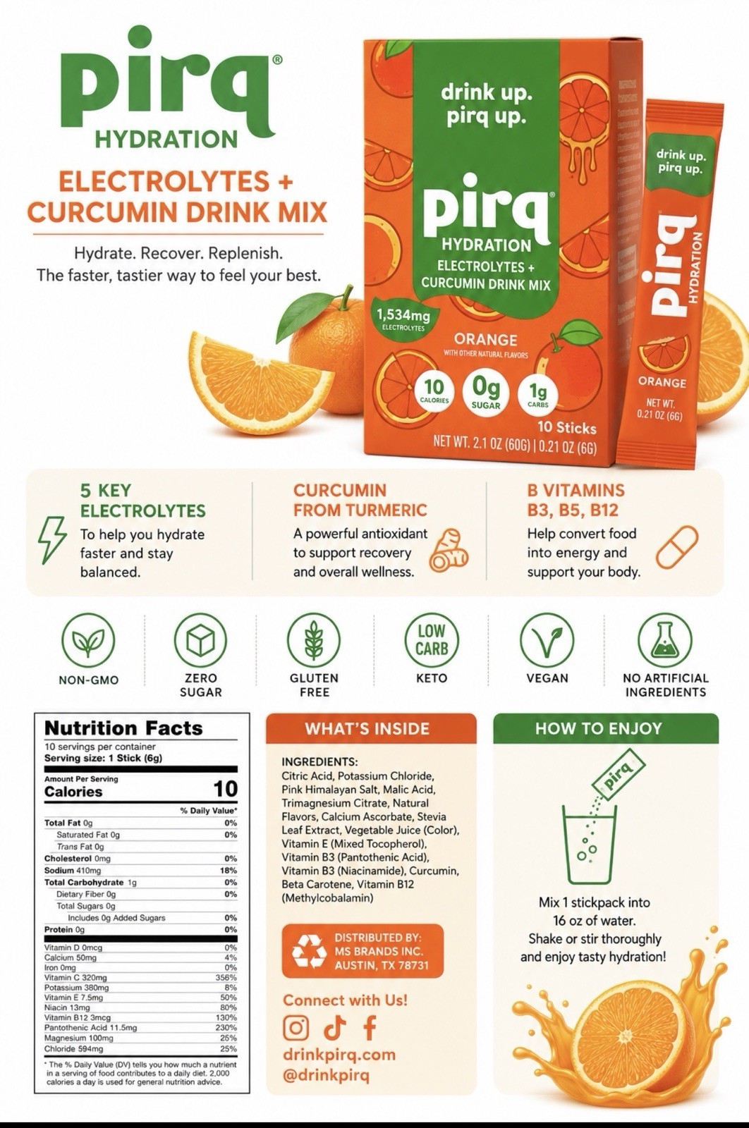 Pirq Hydration Electrolyte Powder + Curcumin, Orange, 10ct 2.1oz 09/2027