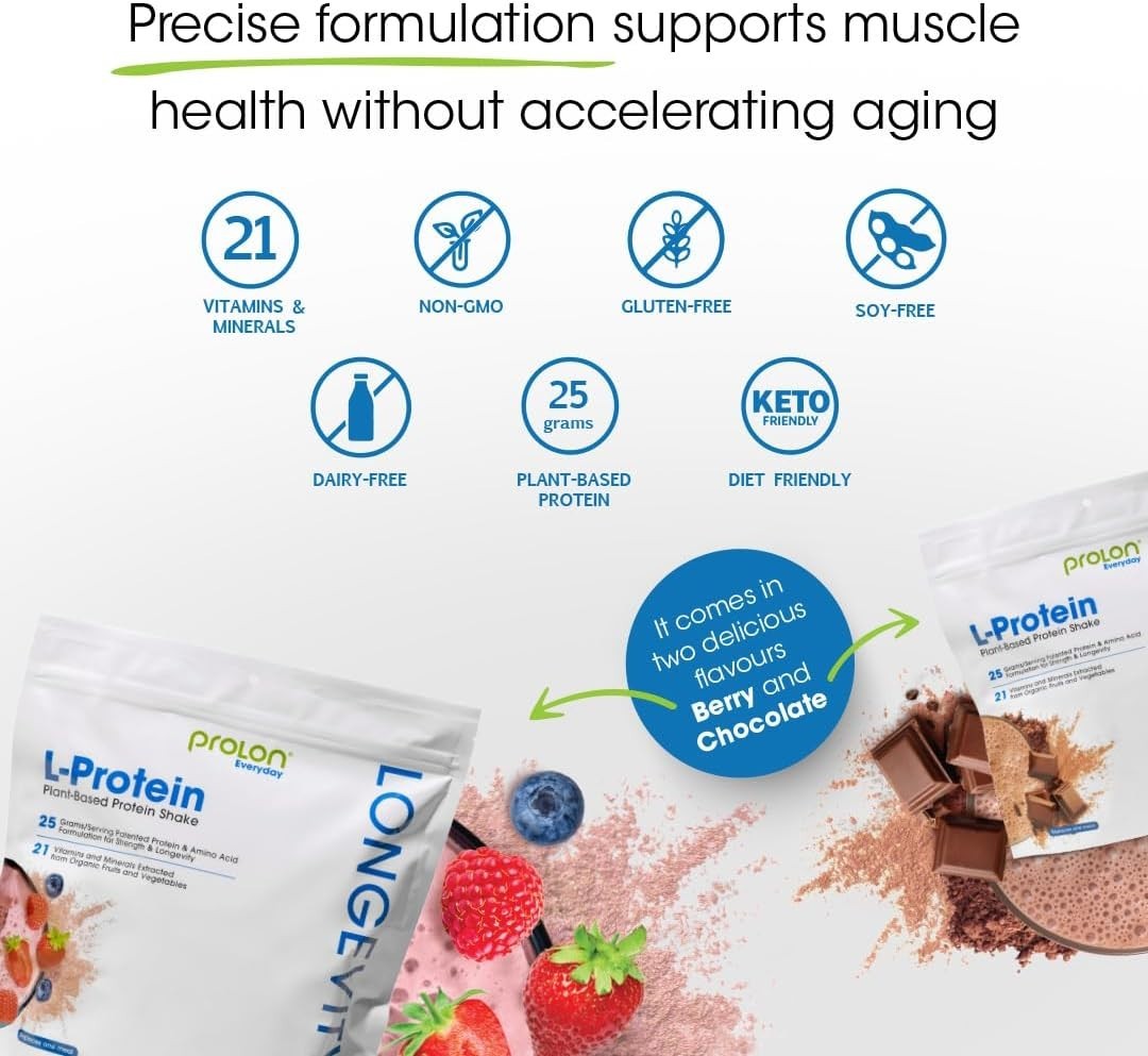 Prolon Longevity Plant-Based Protein Powder, Chocolate, 12 Packets, 25g Protein