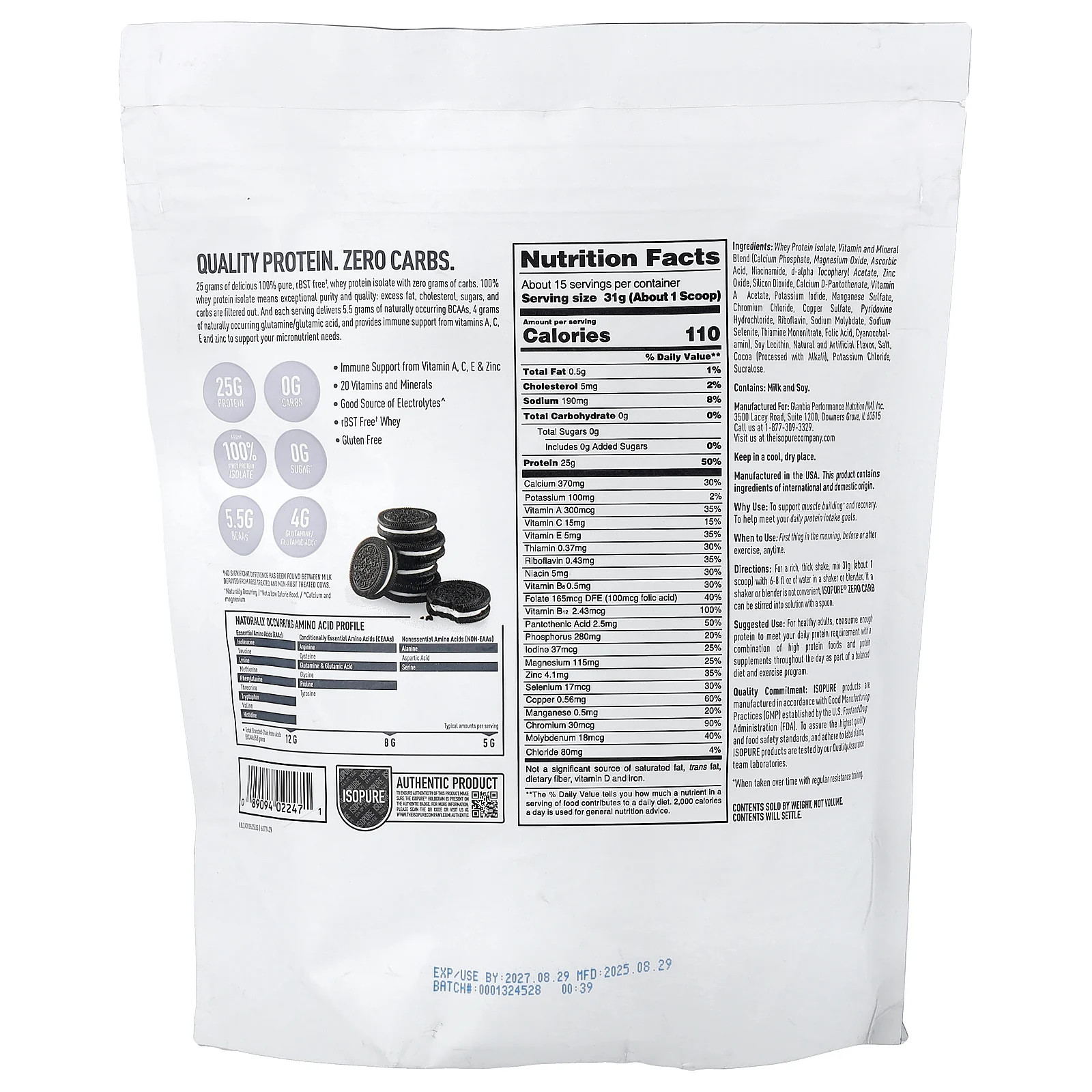 Zero Carb Protein Powder, Cookies & Cream, 1 lb (454 g)