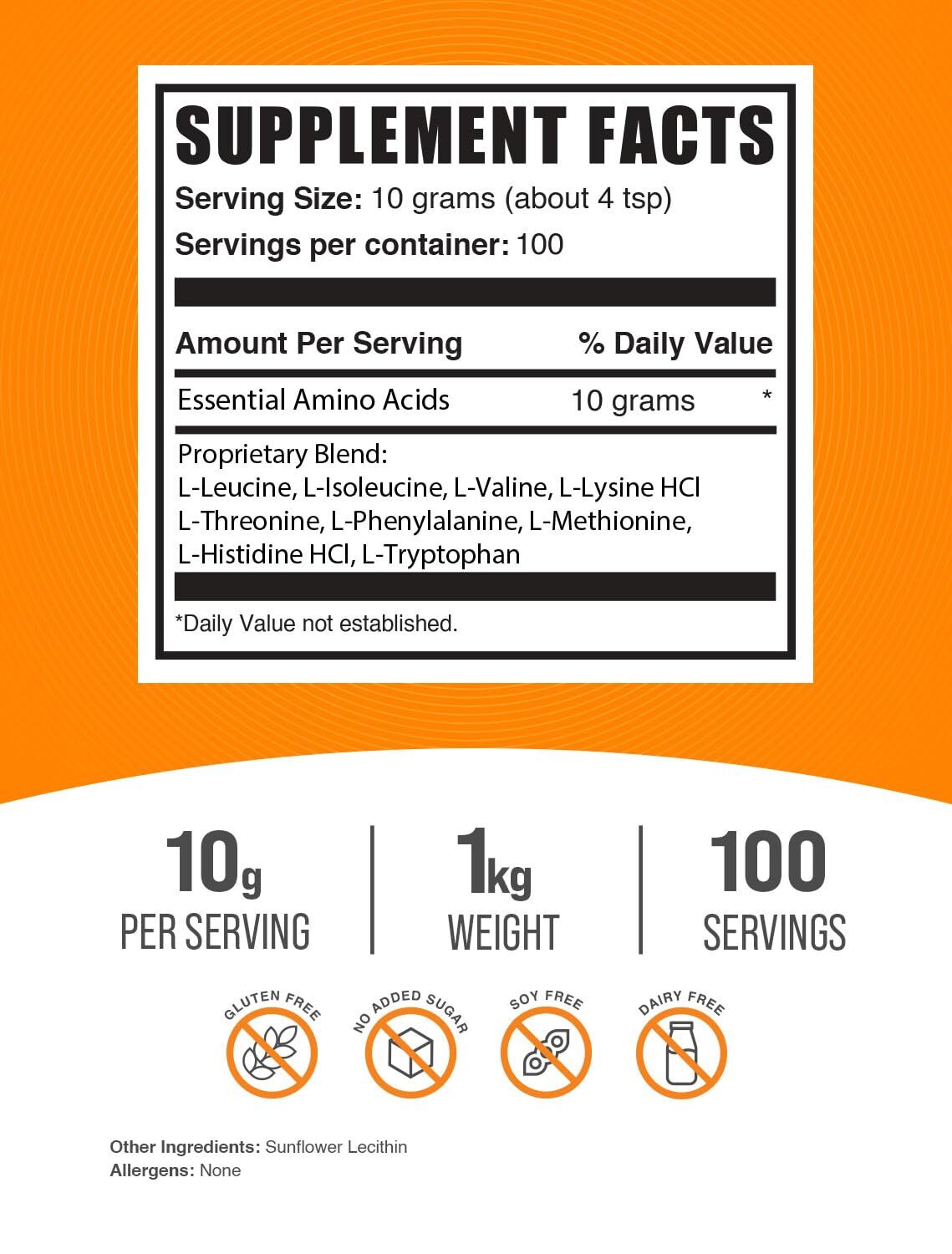 100 Servings EAA Powder Essential Amino Acids Unflavored 10g Protein Blend