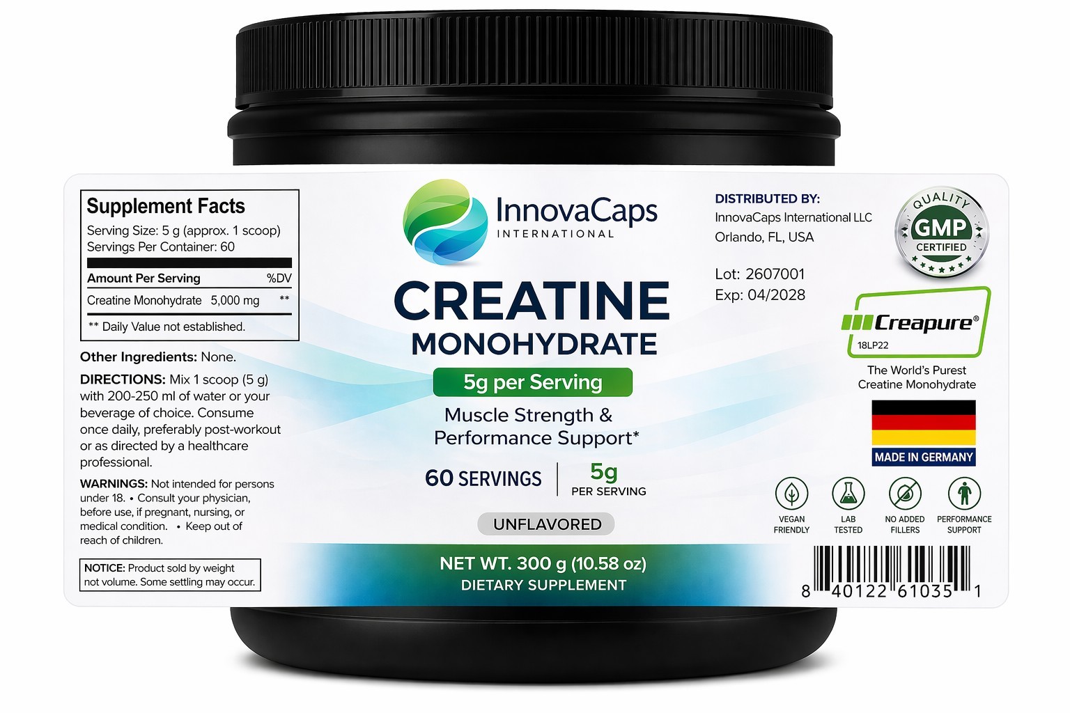 InnovaCaps Creatine Monohydrate Creapure Powder 300g 5g/Serving Unflavored Vegan