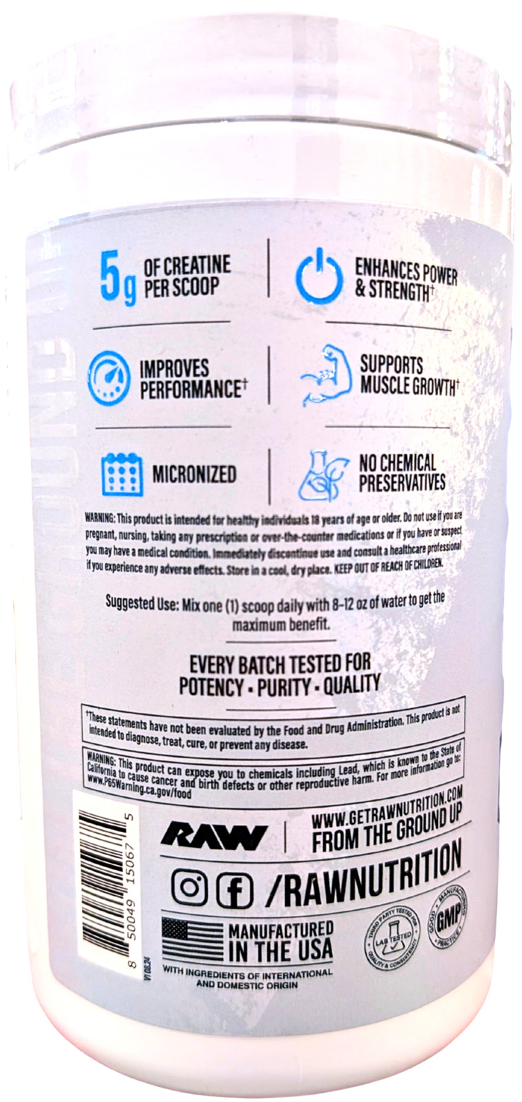 RAW Nutrition Creatine Monohydrate Powder Unflavored 510g 100 Servings EXP 07/27