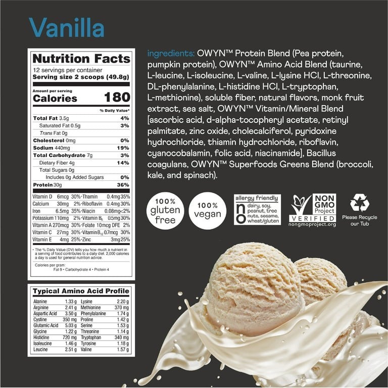 OWYN Elite Pro Plant Protein Powder Vanilla 30g Zero Sugar Vegan GF 1.32 lb