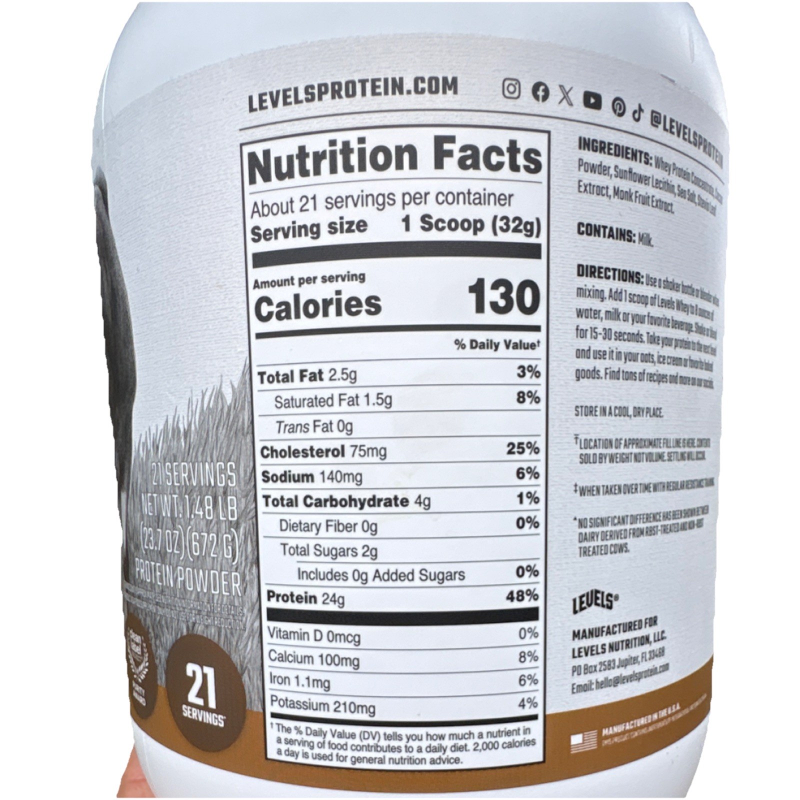 Levels Grass Fed Whey Protein Double Chocolate 24g Protein 5.4g BCAAs 23.7oz