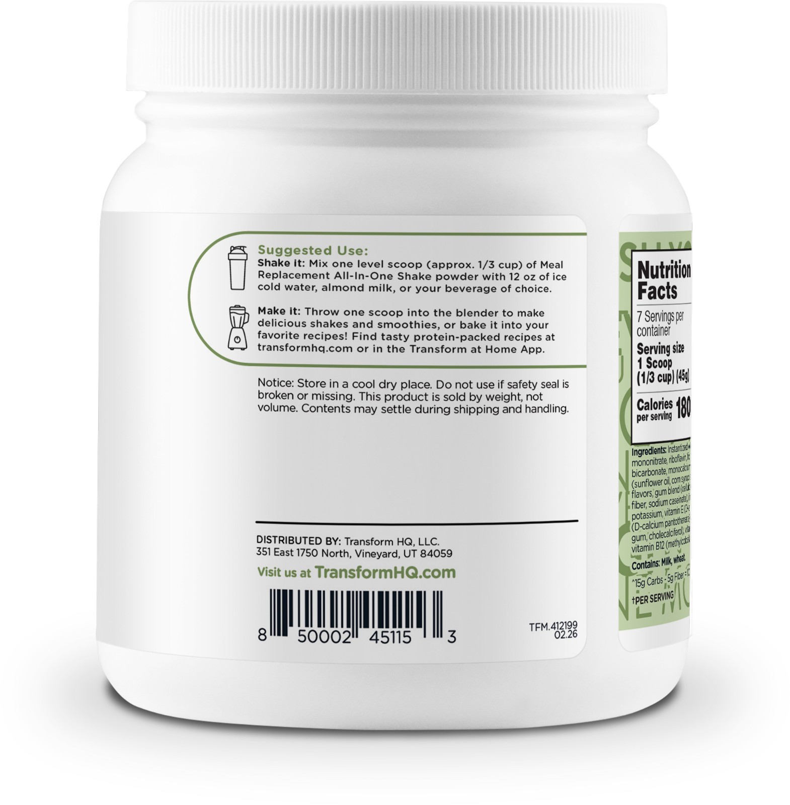 TransformHQ Meal Replacement Shake Powder 7 Servings (Mint Chocolate Chip)