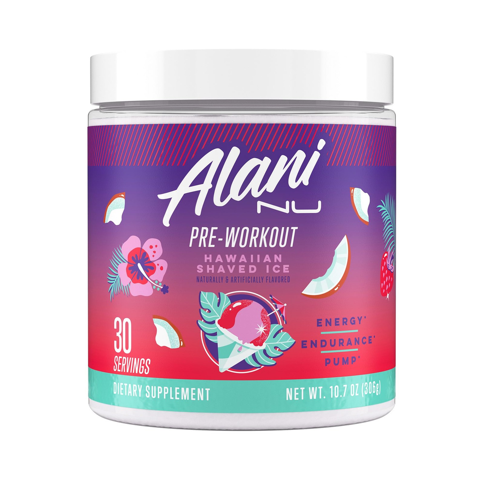 Alani Nu Pre Workout Powder Hawaiian Shaved 8.99 Ounce (Pack of 1), White