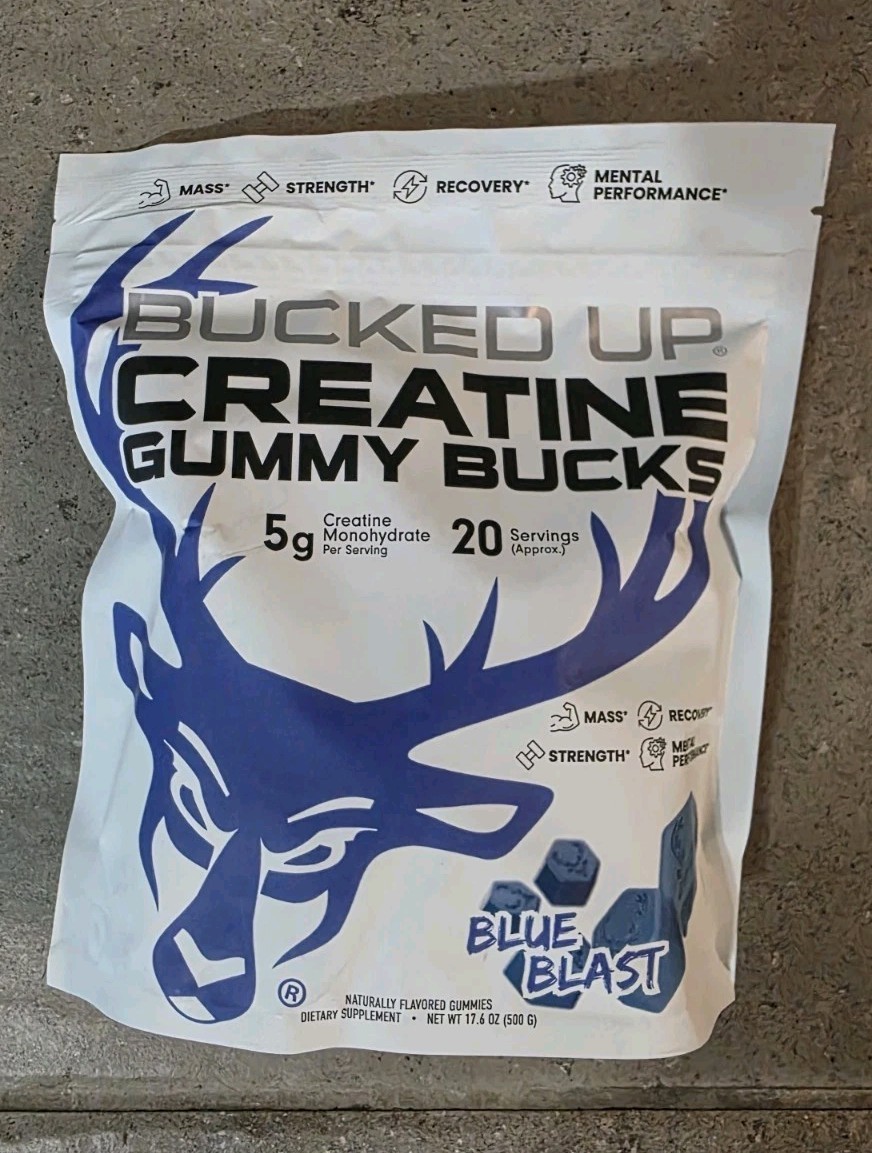 Box Of 5! Bucked Up Creatine Gummies-Blue Blast. 17.6oz/20Ser./bag Exp-06/2027