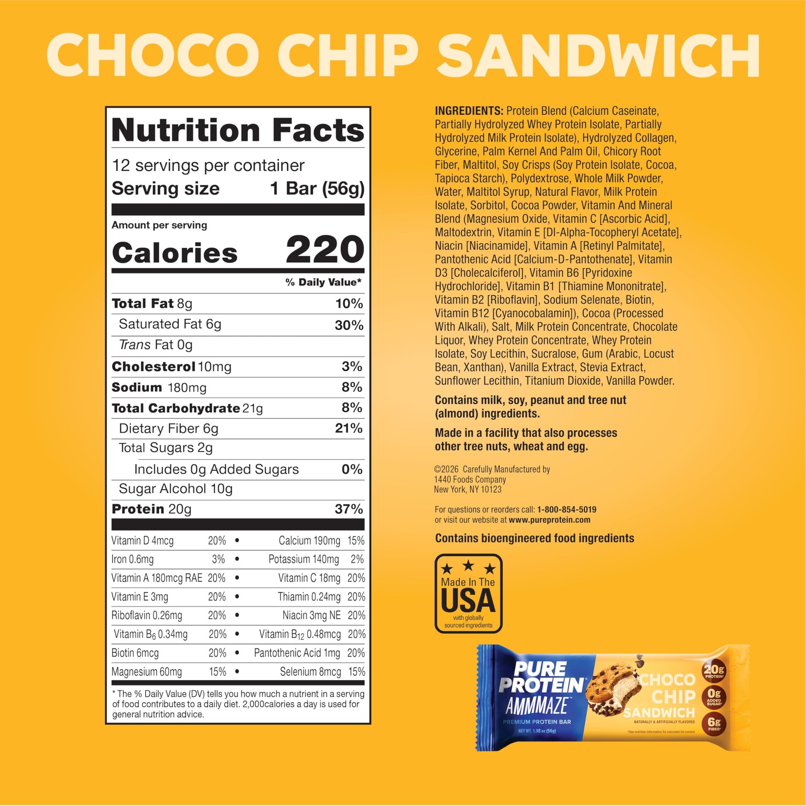 Pure Protein AMMMAZE Choco Chip Sandwich Bars, 20g 1 Count (Pack of 1)