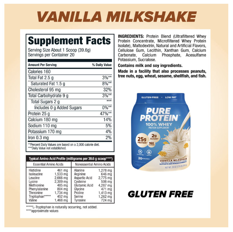 Pure Protein 100% Whey Protein Powder, Vanilla Cream, 25g Protein, 1.75 lbs