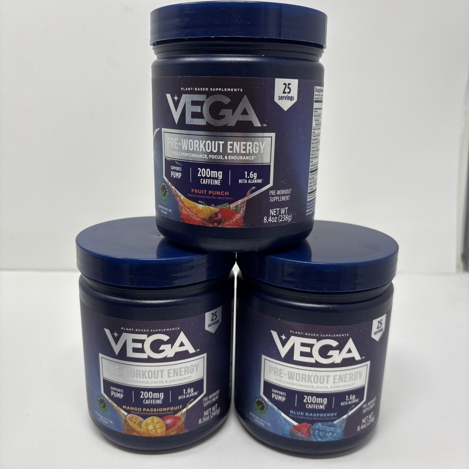 Vega Pre-Workout Energy, 01/27 Lot Blue Raspberry, Mango Passionfruit Punch