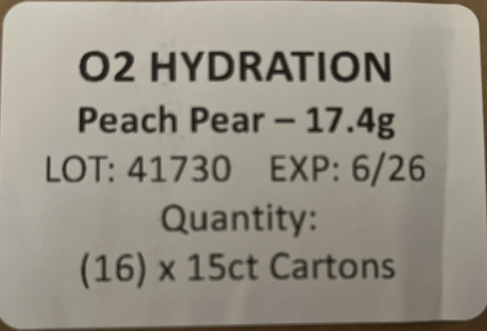 O2 Hydration Sticks Peach pear 572 elec. 1g sugar 20 cal. 0 caffeine Box of 240