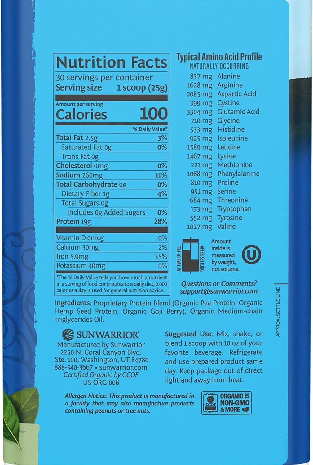 Sunwarrior Warrior Blend Organic Vegan Protein Powder BCAA Unflavored 1.65 lbs