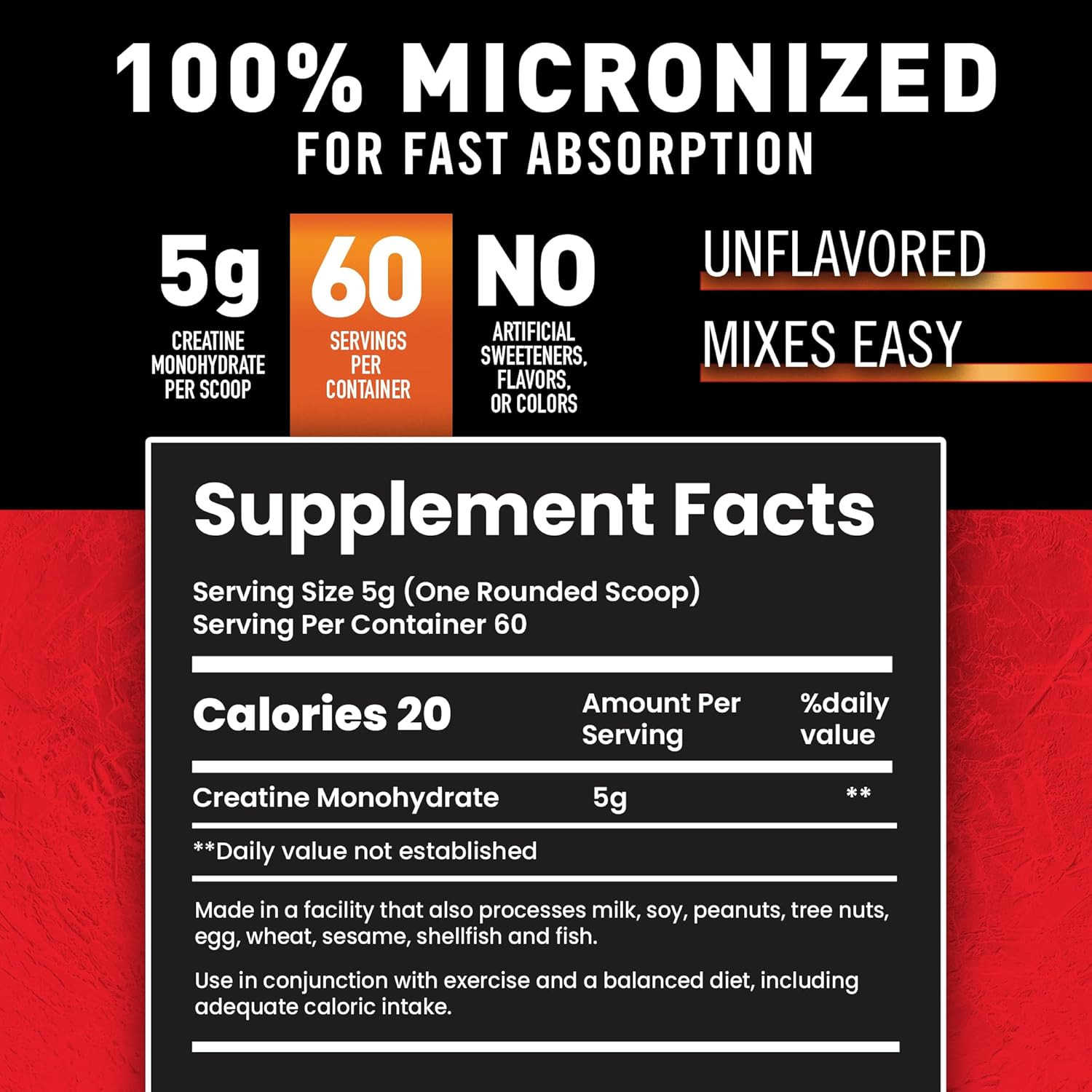 Creatine Monohydrate Powder – Unflavored, 5G per Scoop, 100 Servings