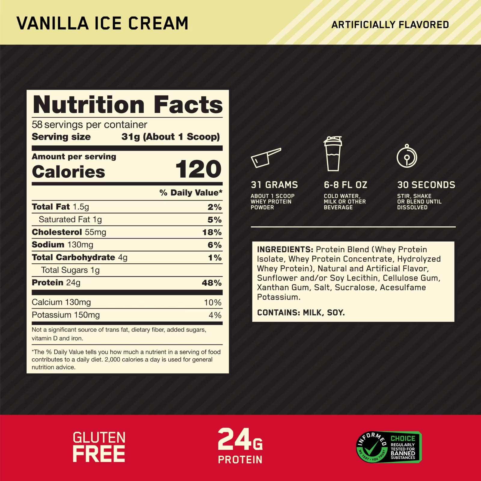 Optimum Nutrition Gold Standard 100% Whey Protein Powder,Vanilla Ice Cream,3.9lb