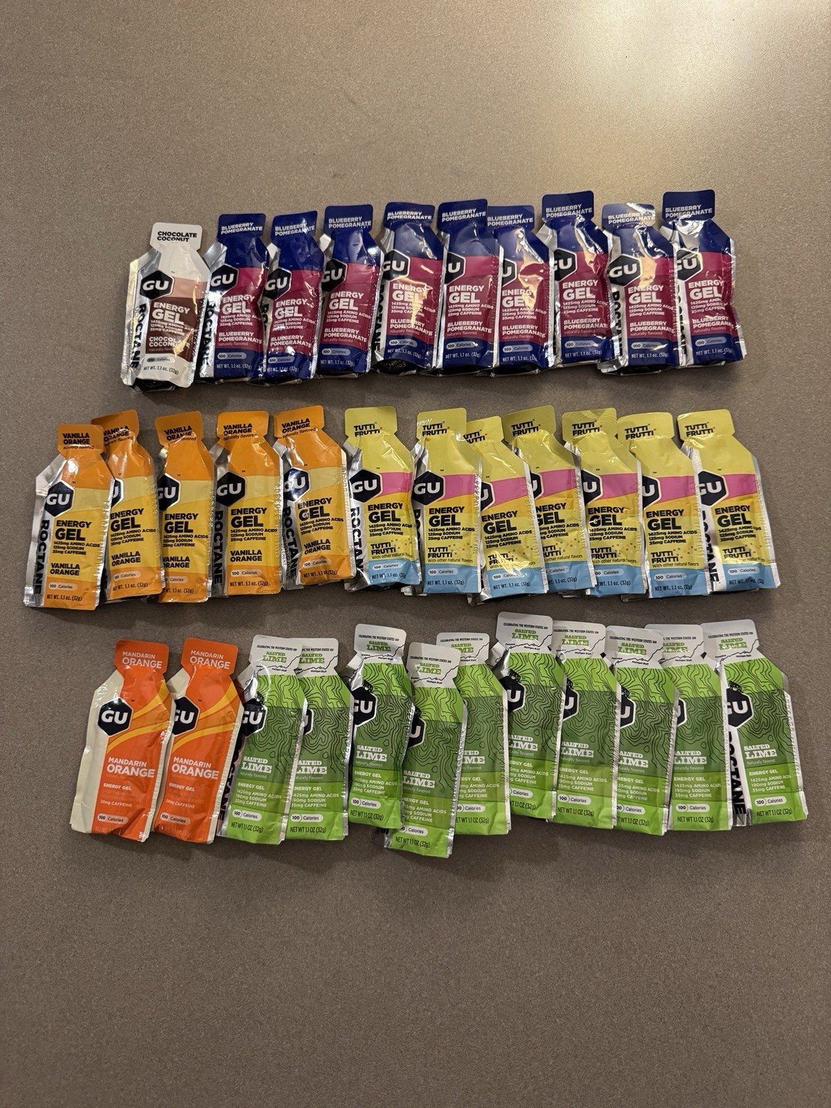 Lot of 34 GU Energy Gel Assorted Flavors for Energy & Hydration 32g
